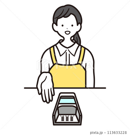 カフェで働く女性スタッフがスマートフォン決済の案内をしているの上半身のイラスト素材 カフェで働く女性スタッフがスマートフォン決済の案内をしているの上半身のイラスト素材 113633228