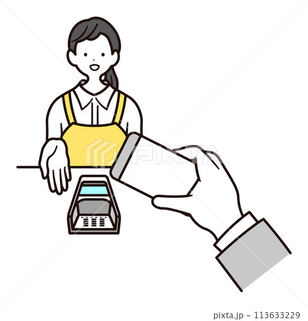 カフェで働く女性スタッフがスマートフォン決済の案内をしているの上半身とスマホを持った手のイラスト素材 113633229