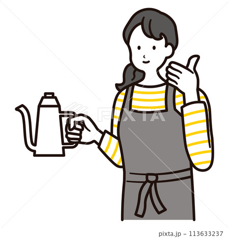 カフェで働くポットを持っている女性店員の上半身イラスト素材 113633237