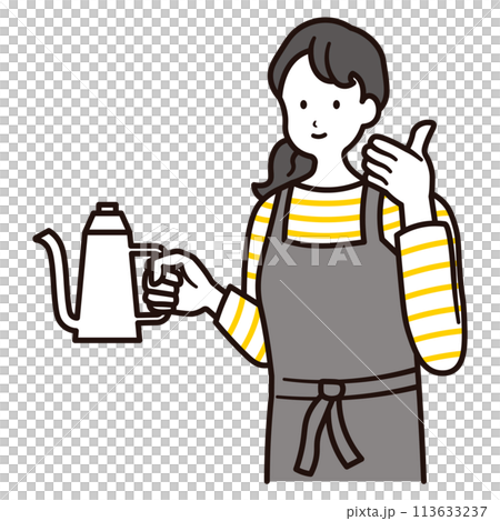 カフェで働くポットを持っている女性店員の上半身イラスト素材 113633237