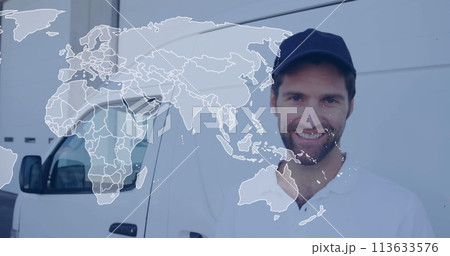 Image of world map over caucasian deliverers talking and smiling Image of world map over caucasian deliverers talking and smiling 113633576