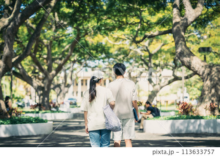 緑豊かなアメリカの大学のキャンパスを歩く学生 113633757