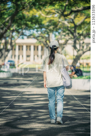 緑豊かなアメリカの大学のキャンパスを歩く学生 113633896