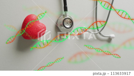 Image of dna strands over heart and stethoscope 113633917