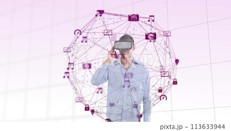 Image of digital interface with icons and globe of network of connections with man wearing VR headse 113633944