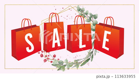 Image of sale text on red shopping bags and floral pattern on pink background 113633955