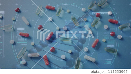 Image of data processing and dna strand over pills 113633965