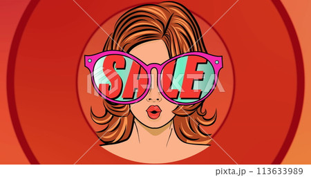 Image of sale text over woman with sunglasses and pulsating red circles in background Image of sale text over woman with sunglasses and pulsating red circles in background 113633989