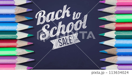 Image of back to school sale with colour pencils on purple circles 113634024