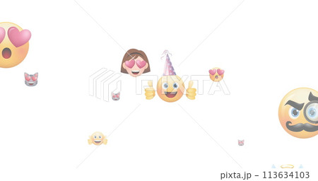 Image of multiple emoji icons flying up on white background Image of multiple emoji icons flying up on white background 113634103