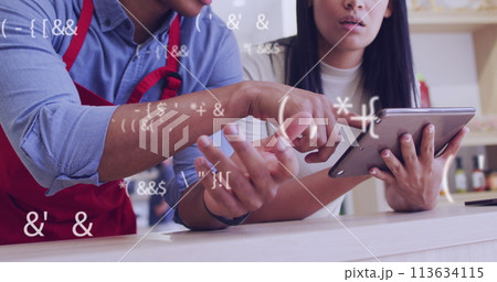 Image of data processing over diverse shop assistant and customer talking Image of data processing over diverse shop assistant and customer talking 113634115