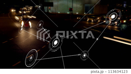 Image of network of conncetions with icons over cars on street 113634123