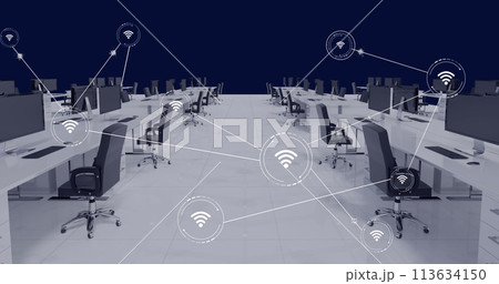 Image of network of conncetions with icons over office interior with desks and computers 113634150