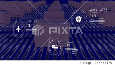 Image of icons with data processing over boxes on conveyor belt 113634179