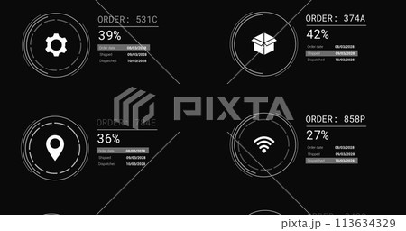 Image of icons with data processing on black background Image of icons with data processing on black background 113634329