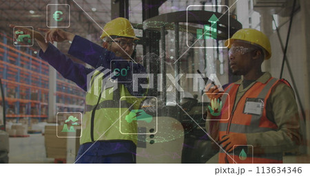 Image of eco icons and data processing over diverse people working in warehouse Image of eco icons and data processing over diverse people working in warehouse 113634346