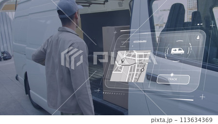 Image of digital interface with map and data processing over caucasian delivery man 113634369
