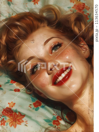 Smiling woman in vintage portrait with floral background, high quality illustration 113634570