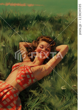 Relaxed woman in red checkered dress lying on grass, sunlit, high quality vintage illustration 113634595