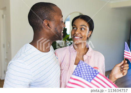 Young African American man and biracial woman at home 113634757