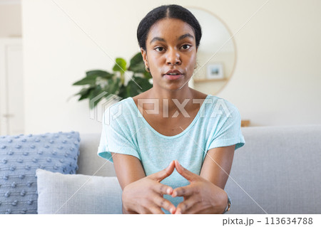 Young biracial woman sits thoughtfully in a home setting on a video call Young biracial woman sits thoughtfully in a home setting on a video call 113634788