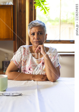 A mature biracial woman sitting thoughtfully in an indoor space A mature biracial woman sitting thoughtfully in an indoor space 113634893