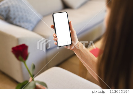 A young Caucasian woman is holding a smartphone with a blank screen, with copy space, and a red rose 113635194