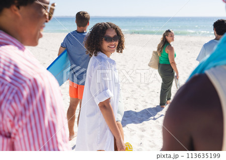 A diverse group of friends enjoys a sunny day at the beach A diverse group of friends enjoys a sunny day at the beach 113635199