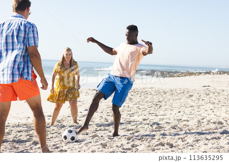 Diverse friends enjoy a casual game of soccer on the beach Diverse friends enjoy a casual game of soccer on the beach 113635295