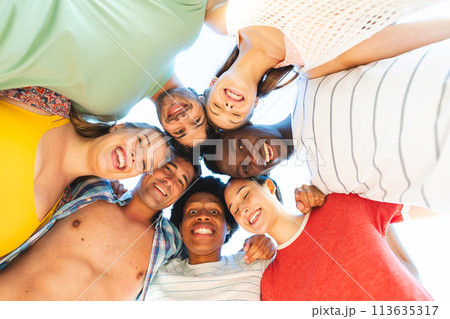 Diverse group of friends huddle together outdoors Diverse group of friends huddle together outdoors 113635317