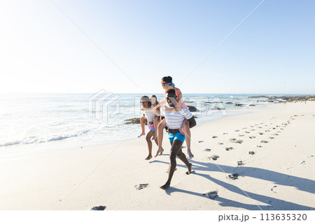 African American man gives a piggyback ride on the beach 113635320