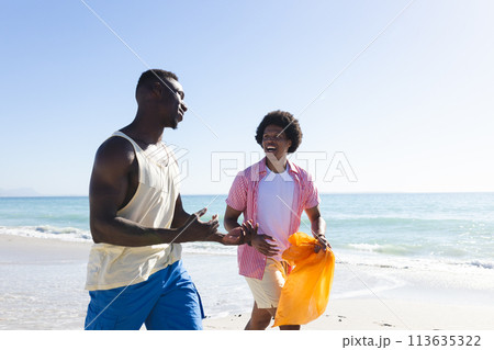 An African American couple enjoys a sunny beach day, collecting trash 113635322