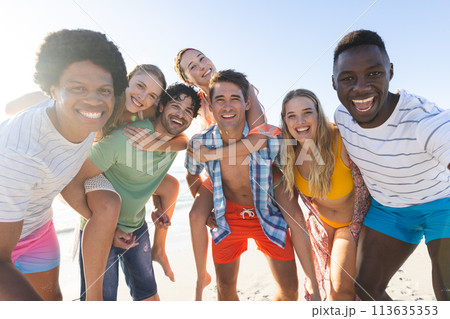 Diverse group of friends enjoy a day at the beach 113635353