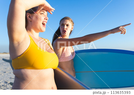 Two young Caucasian women enjoy a sunny beach day, with copy space 113635393