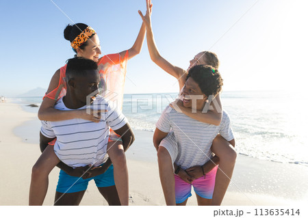 Young biracial woman and young African American man give a high five at the beach 113635414