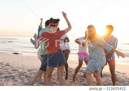 Diverse group of friends dance on the beach at sunset 113635422