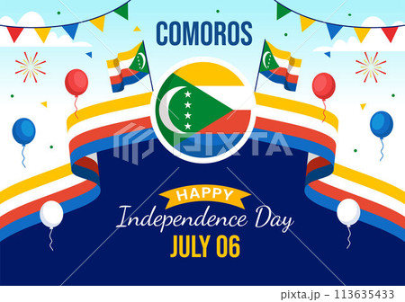 Happy Comoros Independence Day Vector Illustration on 6 July with Comorian Waving Flag in National Holiday Flat Cartoon Background Design Happy Comoros Independence Day Vector Illustration on 6 July with Comorian Waving Flag in National Holiday Flat Cartoon Background Design 113635433