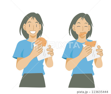 手焼き煎餅を食べる女性のイラスト 113635444