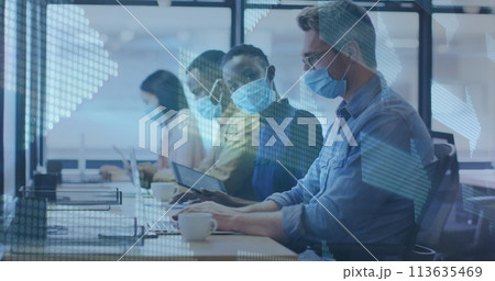 Image of financial data processing over diverse business people with face masks in office 113635469