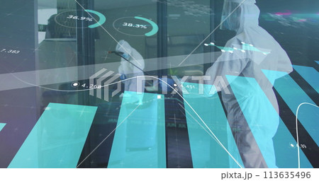 Image of financial data processing over people wearing safety suits disinfecting office 113635496