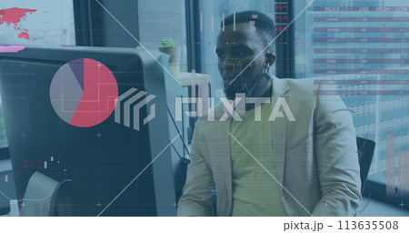 Image of financial data processing over businessman with face mask using computer in office 113635508