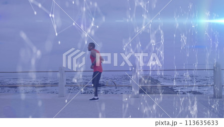 Image of network and processing data over male athlete with running blade training by the sea 113635633