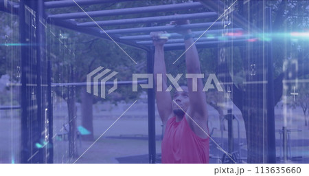 Image of lights and data processing over male athlete exercising on monkey bars outdoors 113635660