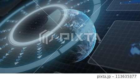 Image of scopes scanning over blue grid with planet earth 113635877