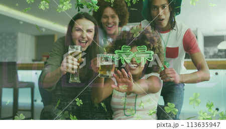 Image of clovers over happy diverse friends wearing clover shape items and drinking beer Image of clovers over happy diverse friends wearing clover shape items and drinking beer 113635947