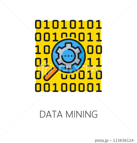 Artificial intelligence analysis, AI algorithm, machine learning data mining linear color icon. AI data analysis digital science line vector icon with binary code, cog wheel and magnifying glass 113636124