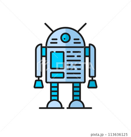 Game retro robot, alien humanoid virtual bot, futuristic droid line color icon. Virtual assistant humanoid droid, robotic technology vintage bot or alien cyborg symbol. AI robot outline vector icon Game retro robot, alien humanoid virtual bot, futuristic droid line color icon. Virtual assistant humanoid droid, robotic technology vintage bot or alien cyborg symbol. AI robot outline vector icon 113636125