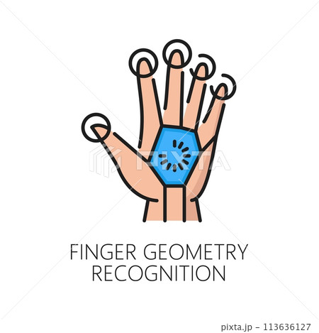Finger geometry biometric identification, recognition or verification icon. ID digital identification, access security technology or biometric verification line vector sign with fingers geometry Finger geometry biometric identification, recognition or verification icon. ID digital identification, access security technology or biometric verification line vector sign with fingers geometry 113636127