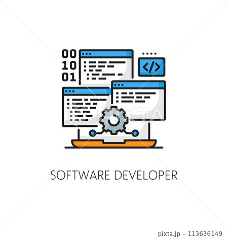 Software developer job, web development career, IT specialist vacancy thin line icon. Website application, IT technology specialist, programming job line vector sign with laptop, app codding window Software developer job, web development career, IT specialist vacancy thin line icon. Website application, IT technology specialist, programming job line vector sign with laptop, app codding window 113636149