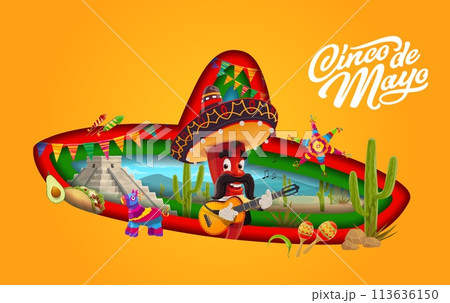 Mexican sombrero paper cut Cinco de mayo holiday banner with mustached mariachi red jalapeno pepper playing guitar. Vector layered 3d frame with cacti, maracas, pyramid, pinata, tex mex taco, avocado Mexican sombrero paper cut Cinco de mayo holiday banner with mustached mariachi red jalapeno pepper playing guitar. Vector layered 3d frame with cacti, maracas, pyramid, pinata, tex mex taco, avocado 113636150